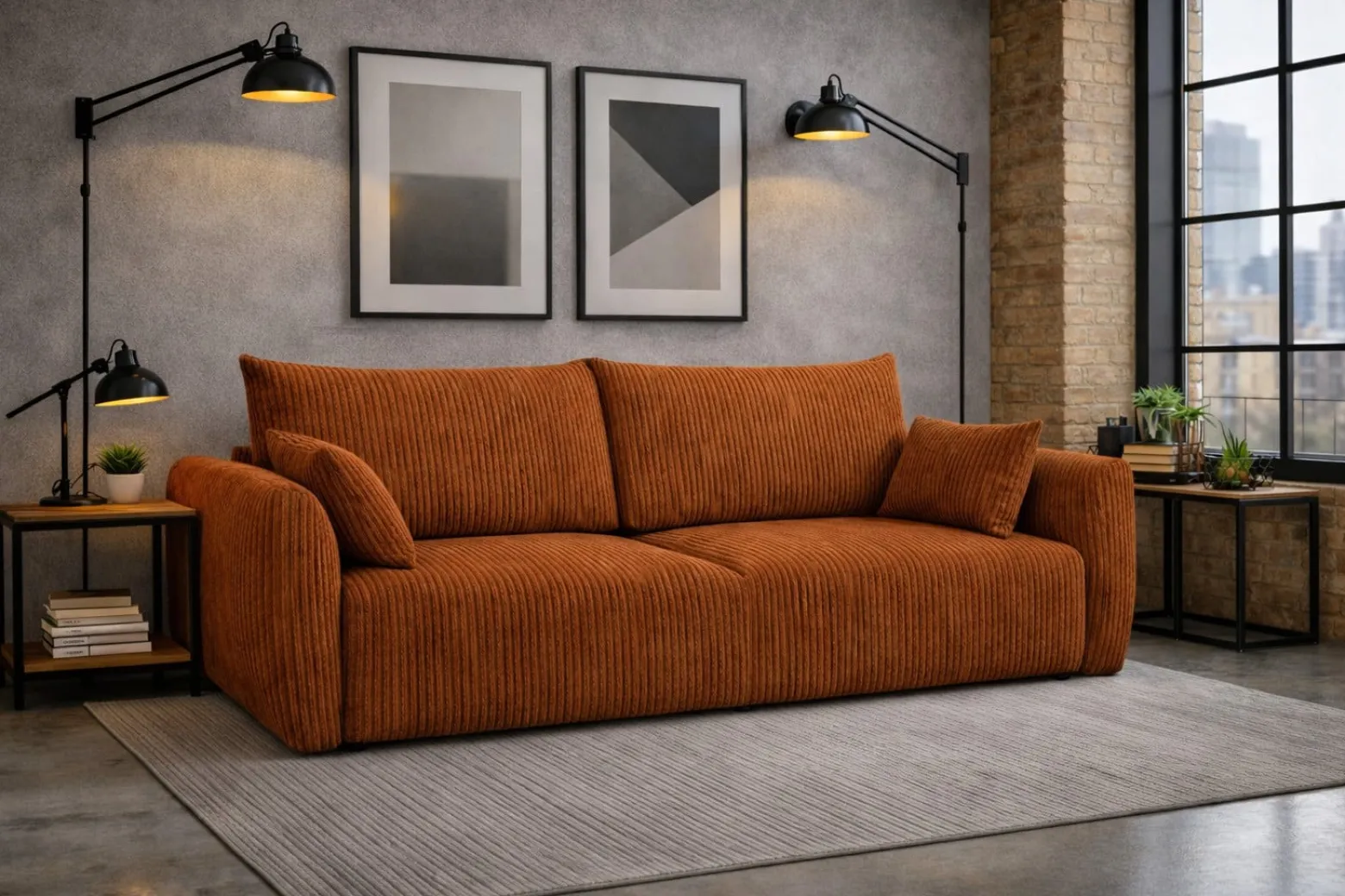 Sofa z funkcją spania i pojemnikiem, sztruks Poso, Miedziany, Zephira