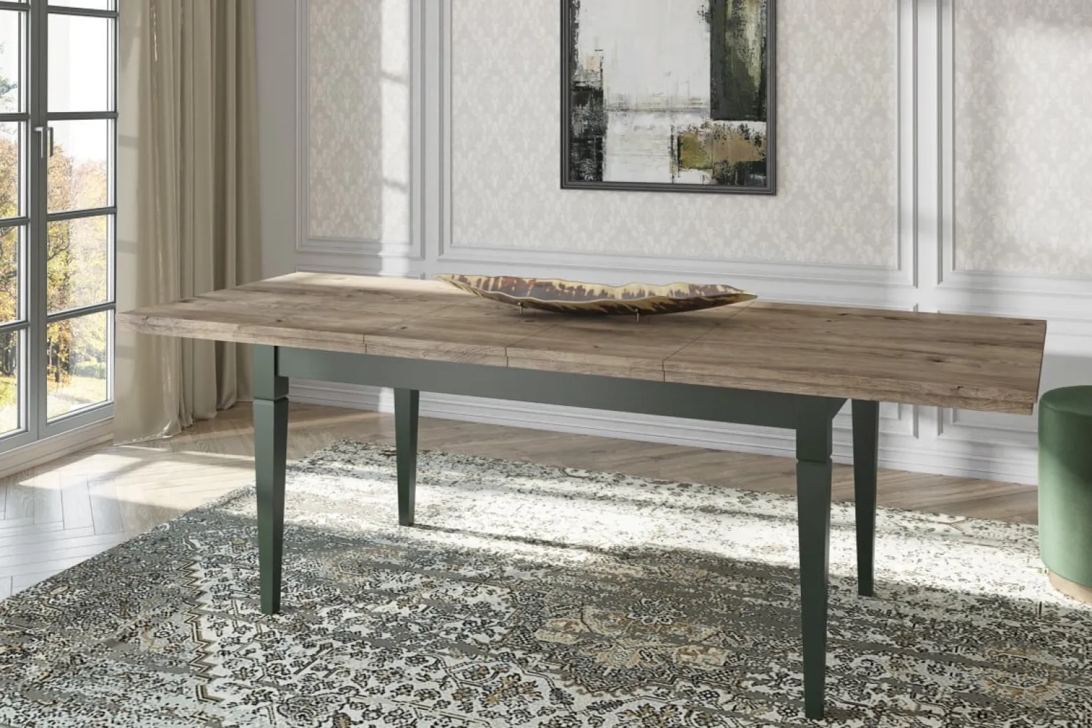 Stół rozkładany EVORA 160(240)x90 dąb lefkas/zielony mat