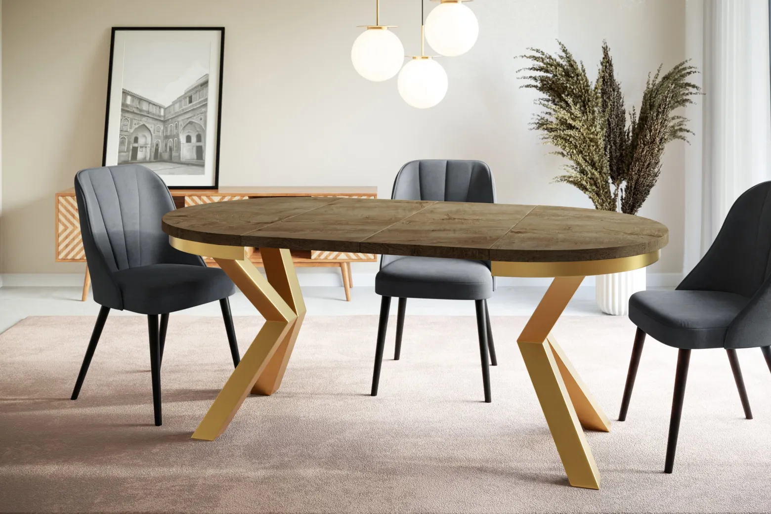 Stół rozkładany okrągły LOFT 100/176 dąb Lefkas/złoty