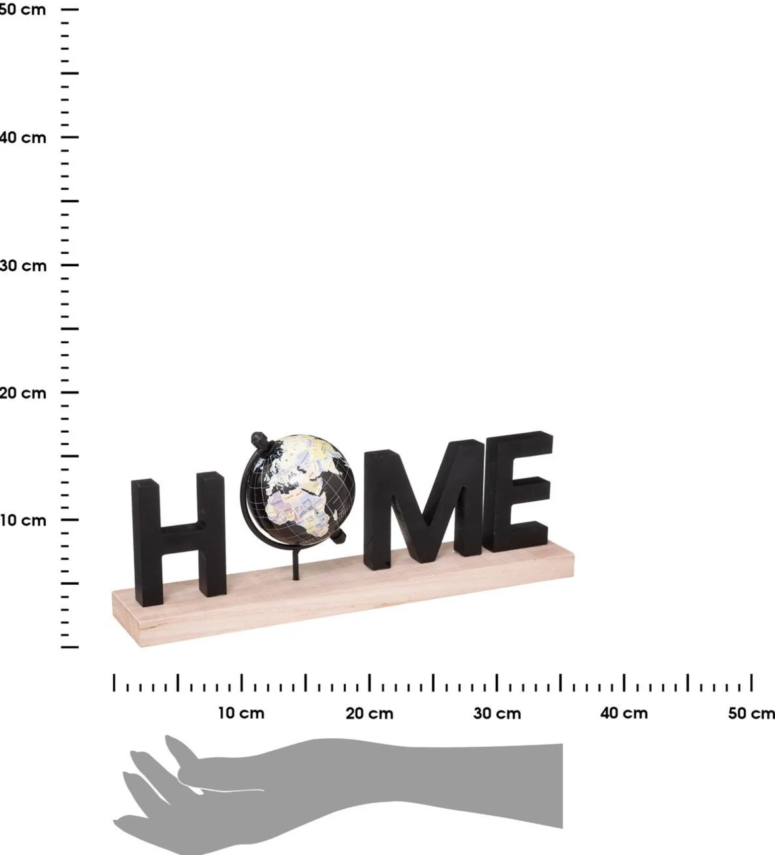 Stojąca dekoracja Home czarna 36x13 cm napis z globusem