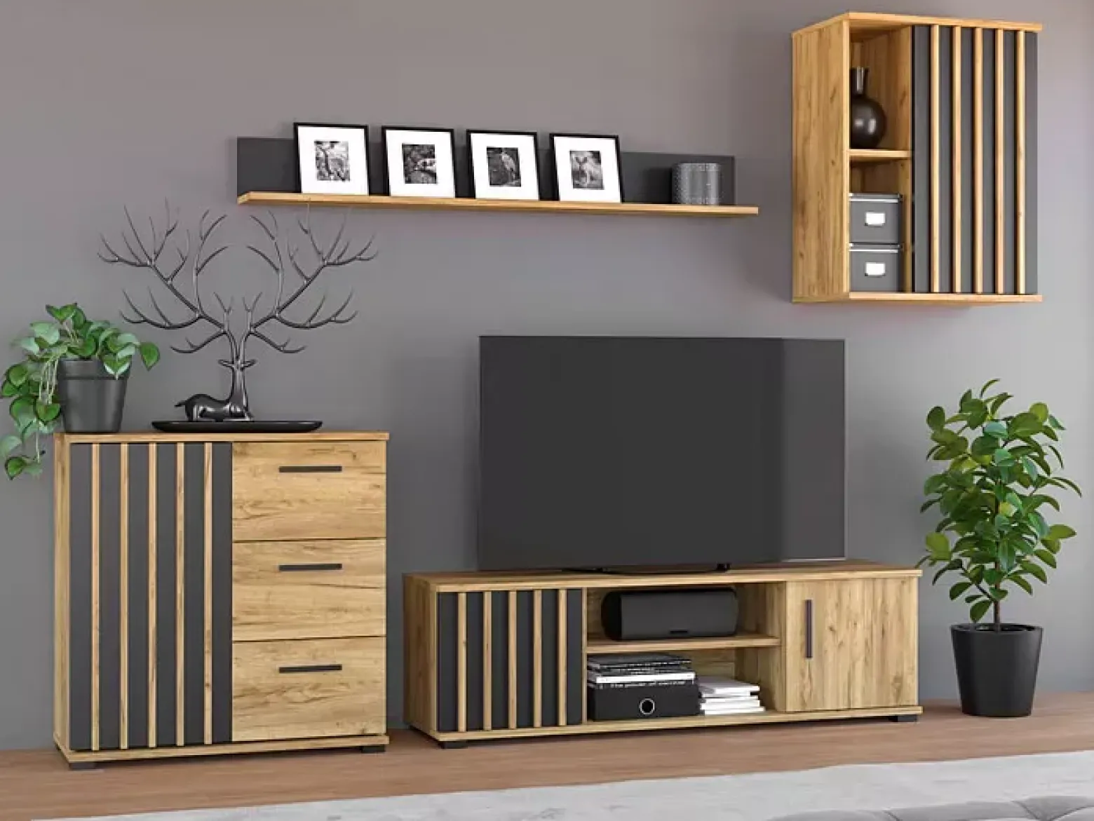 Stojąca szafka z lamelami dąb craft + czarny - Matica