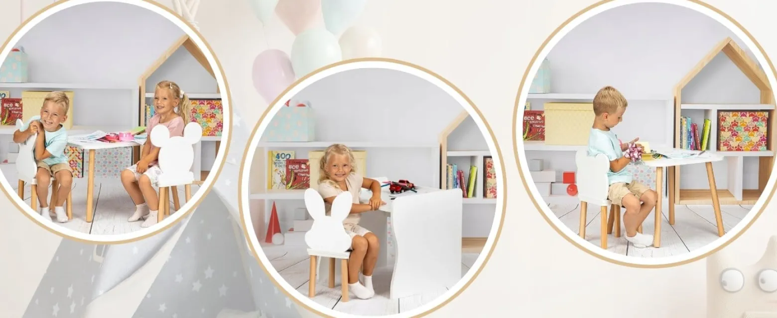 Stolik 50/60 cm i dwa krzesełka królik kokarda