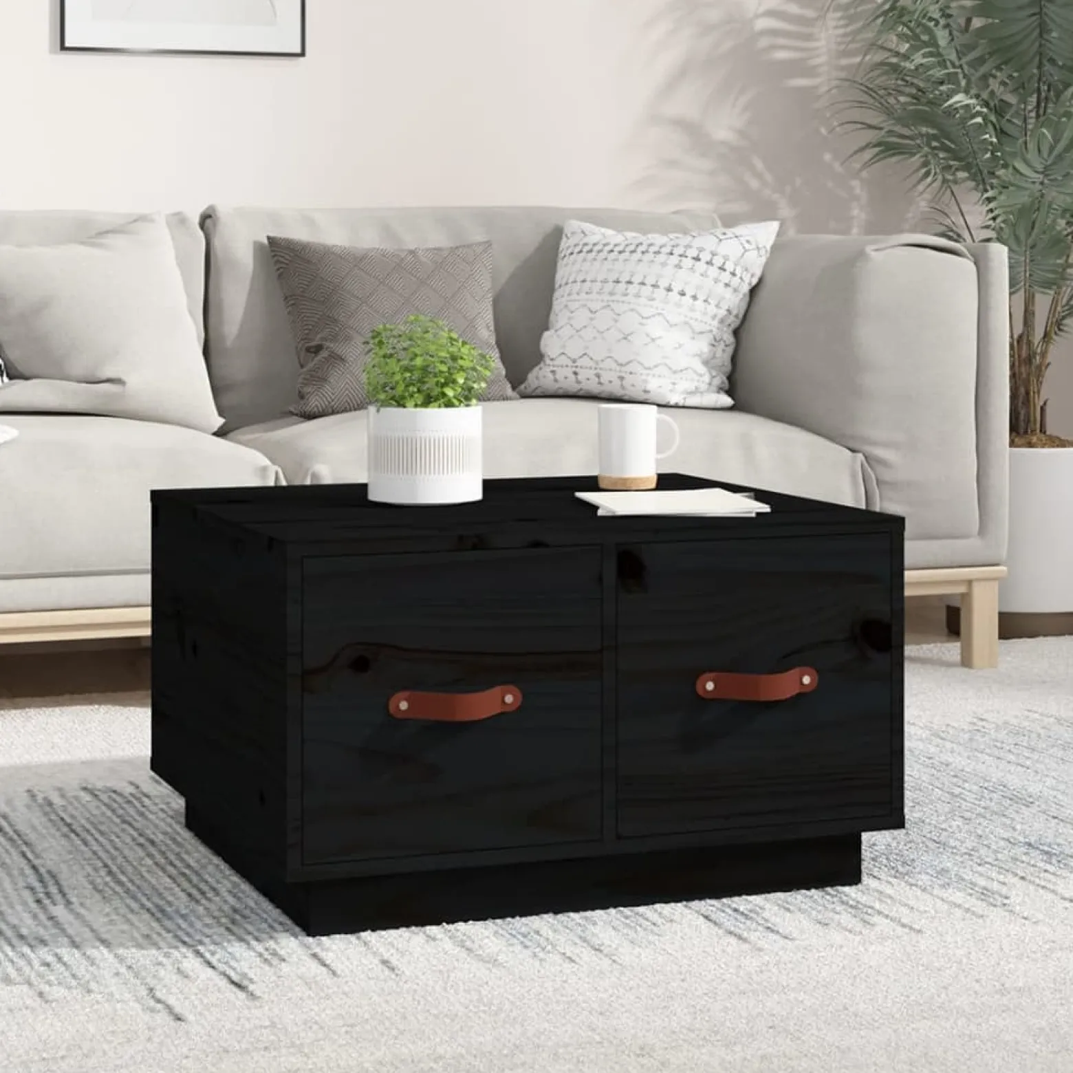 Stolik Kawowy Ława Stół Czarny Drewniany 60x53x35 Szuflady Do Salonu