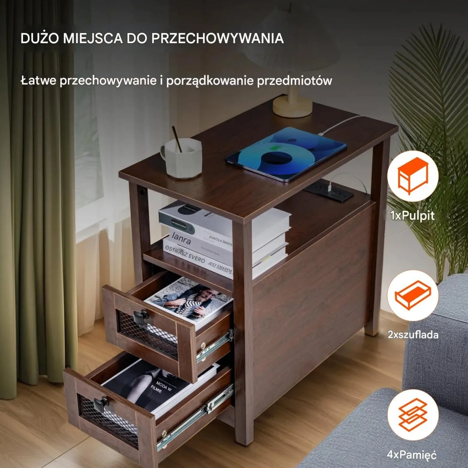 Stolik nocny wąski z szufladą USB i gniazdkami do sypialni brązowy