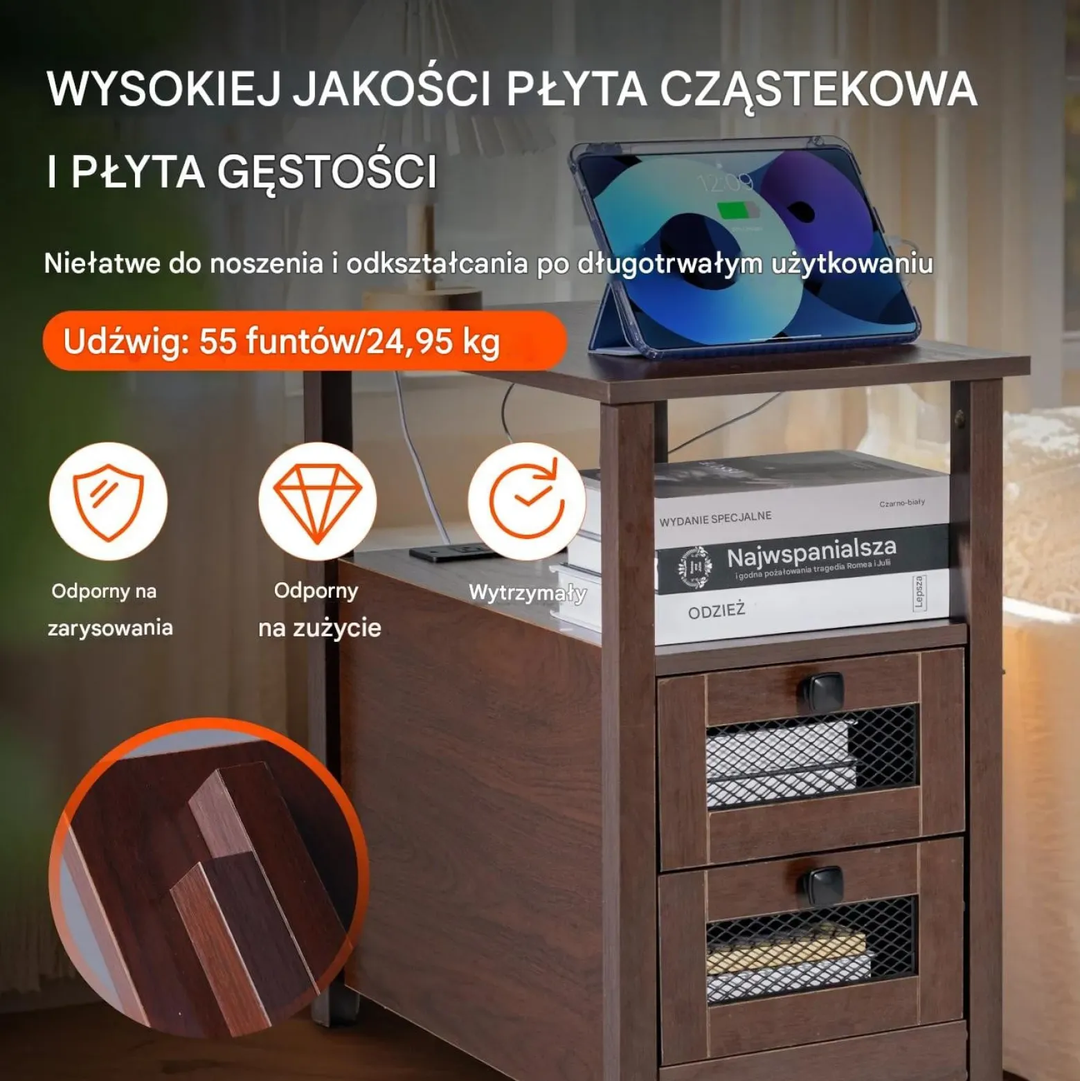 Stolik nocny wąski z szufladą USB i gniazdkami do sypialni brązowy