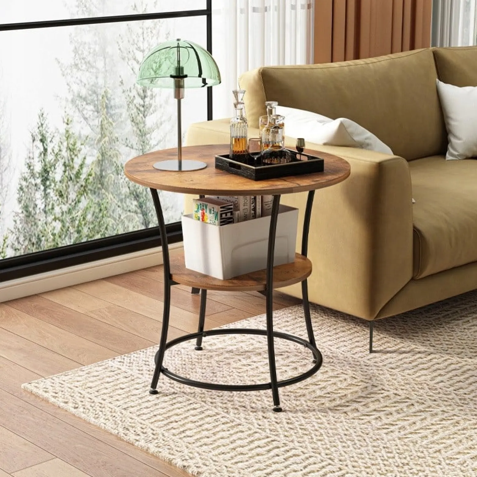 Stolik kawowy ława industrialny okrągły do salonu z półką brąz loft 55 cm