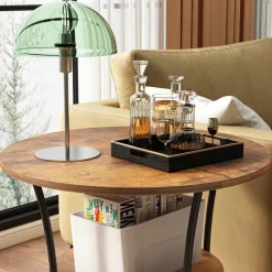 Stolik kawowy ława industrialny okrągły do salonu z półką brąz loft 55 cm