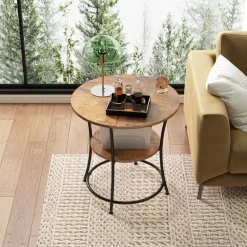 Stolik kawowy ława industrialny okrągły do salonu z półką brąz loft 55 cm