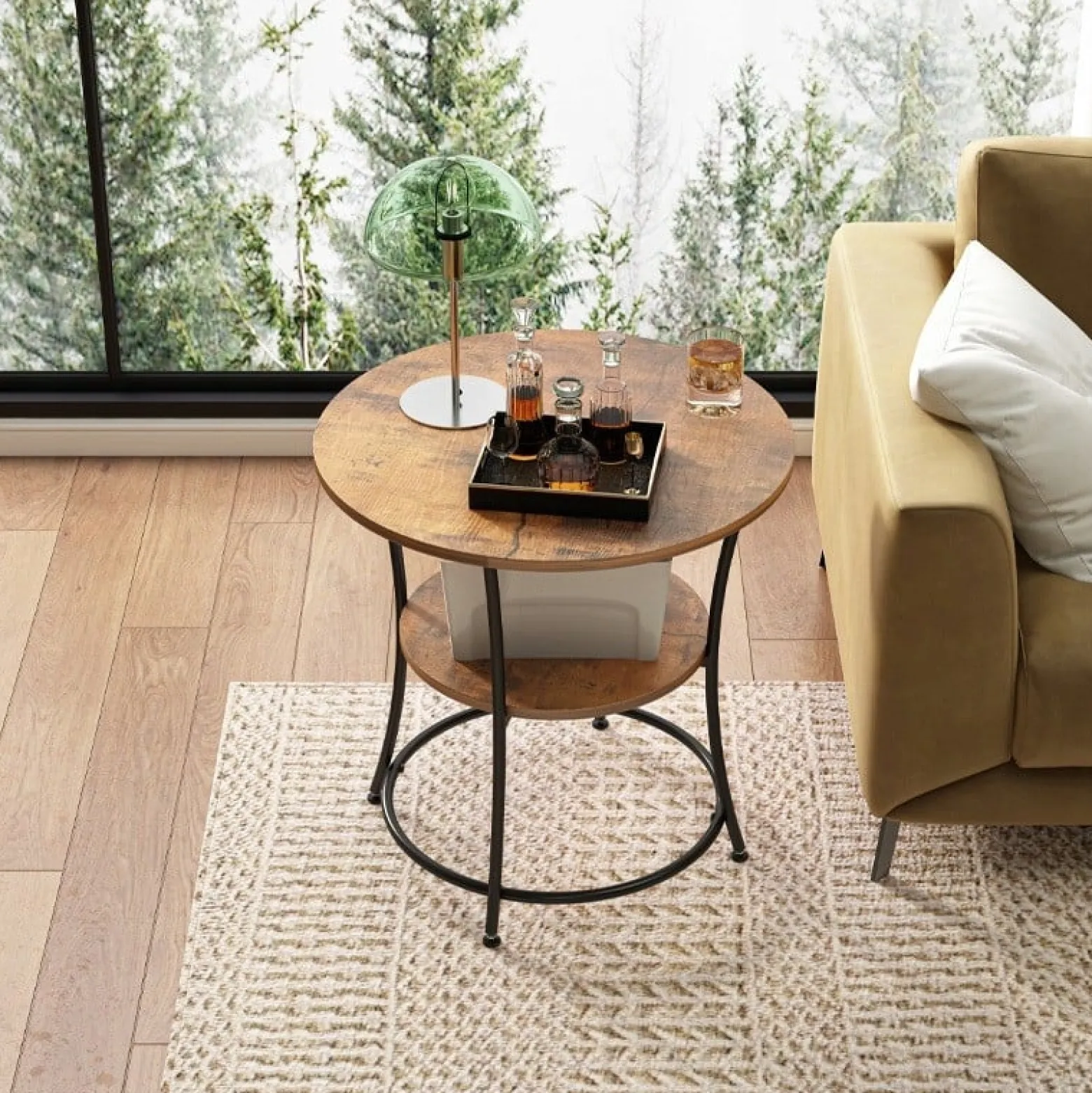 Stolik kawowy ława industrialny okrągły do salonu z półką brąz loft 55 cm
