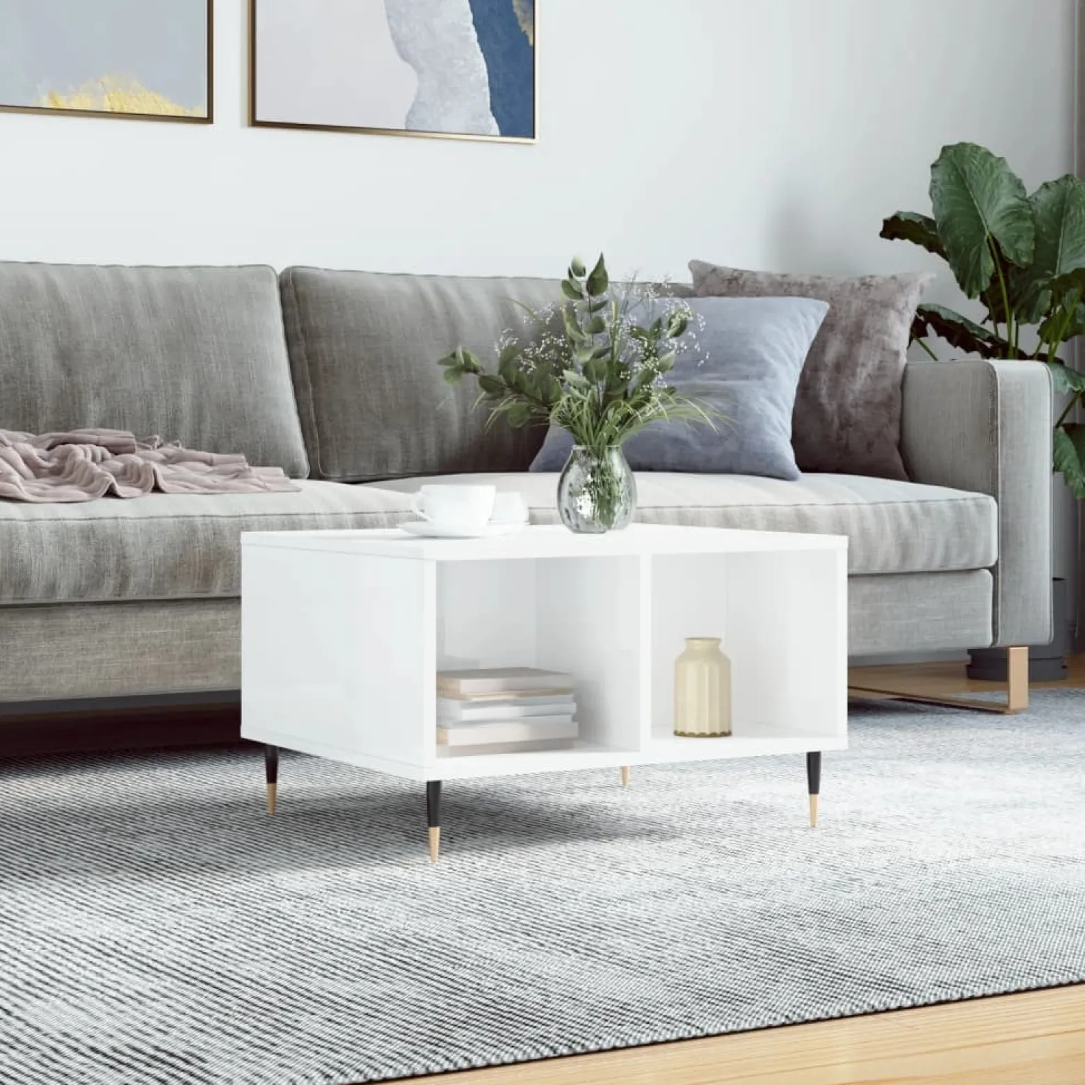 Stolik Kawowy Ława Stół Biały Połysk 60x50x36.5 Przegrody Do Salonu