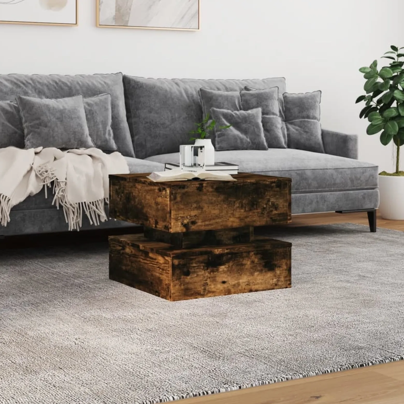 Stolik Kawowy Ława Stół Brązowy 50x50x40 Oświetlenie Led Do Salonu