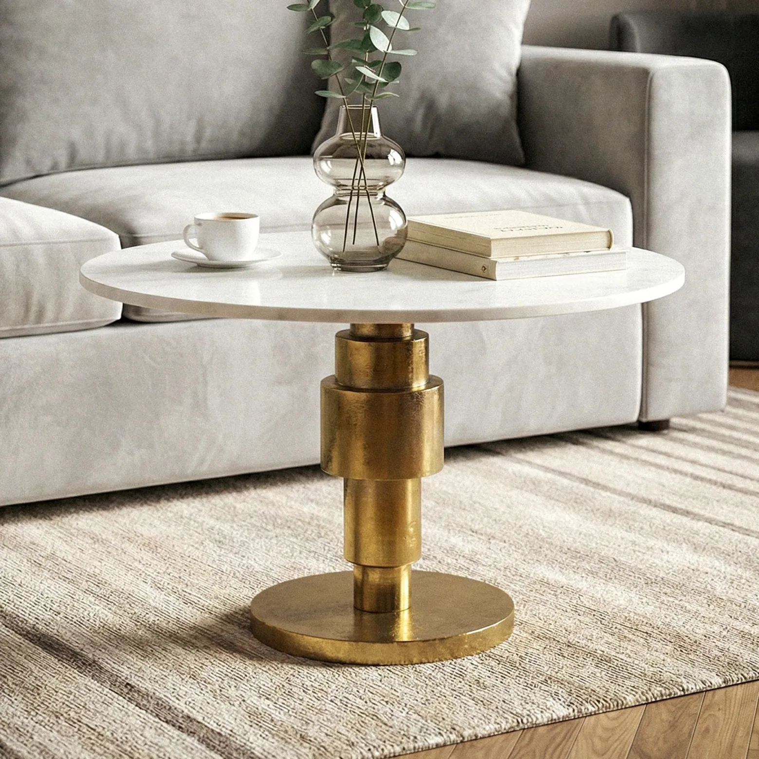 Stolik kawowy 60cm okrągły Marmur, Stolik do salonu, Stolik metal Biały