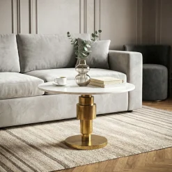 Stolik kawowy 60cm okrągły Marmur, Stolik do salonu, Stolik metal Biały