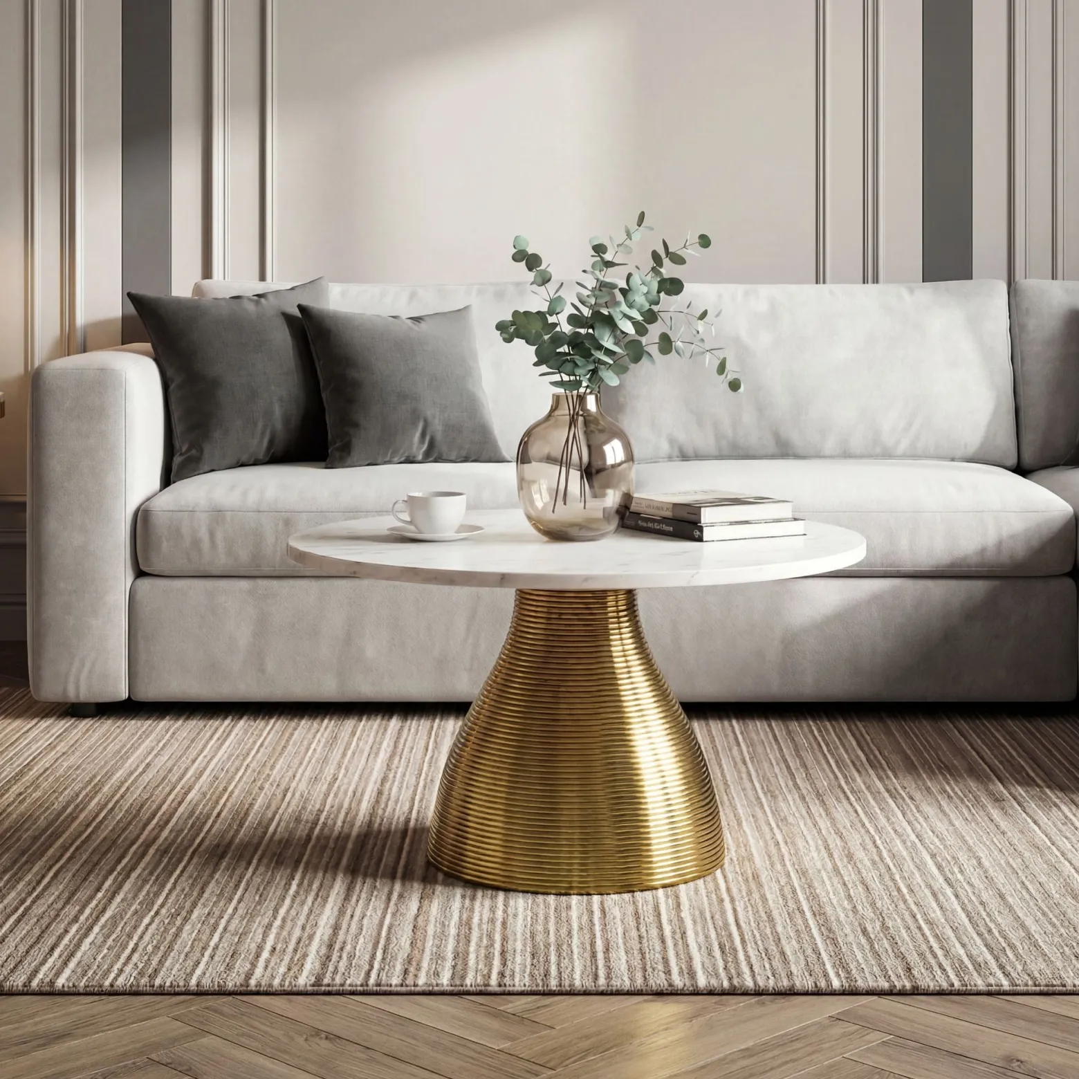 Stolik kawowy 60cm z marmurowym blatem, do salonu, metal, okrągły Biały