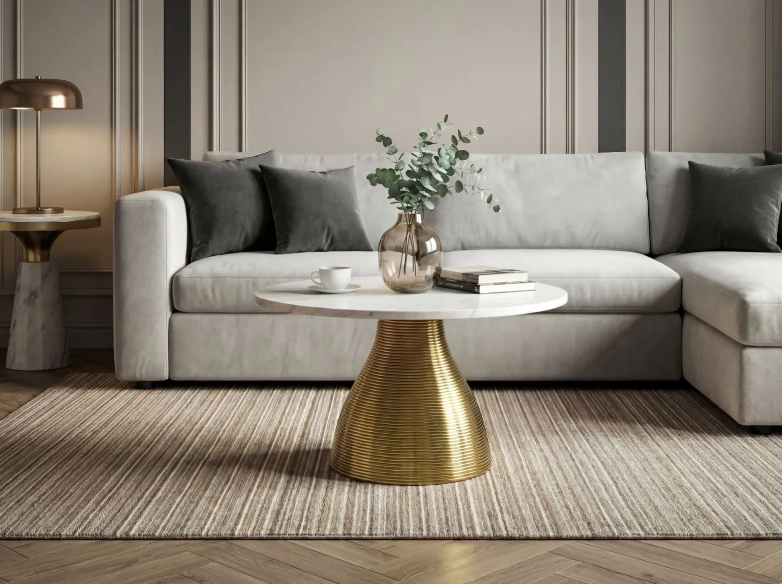 Stolik kawowy 60cm z marmurowym blatem, do salonu, metal, okrągły Biały
