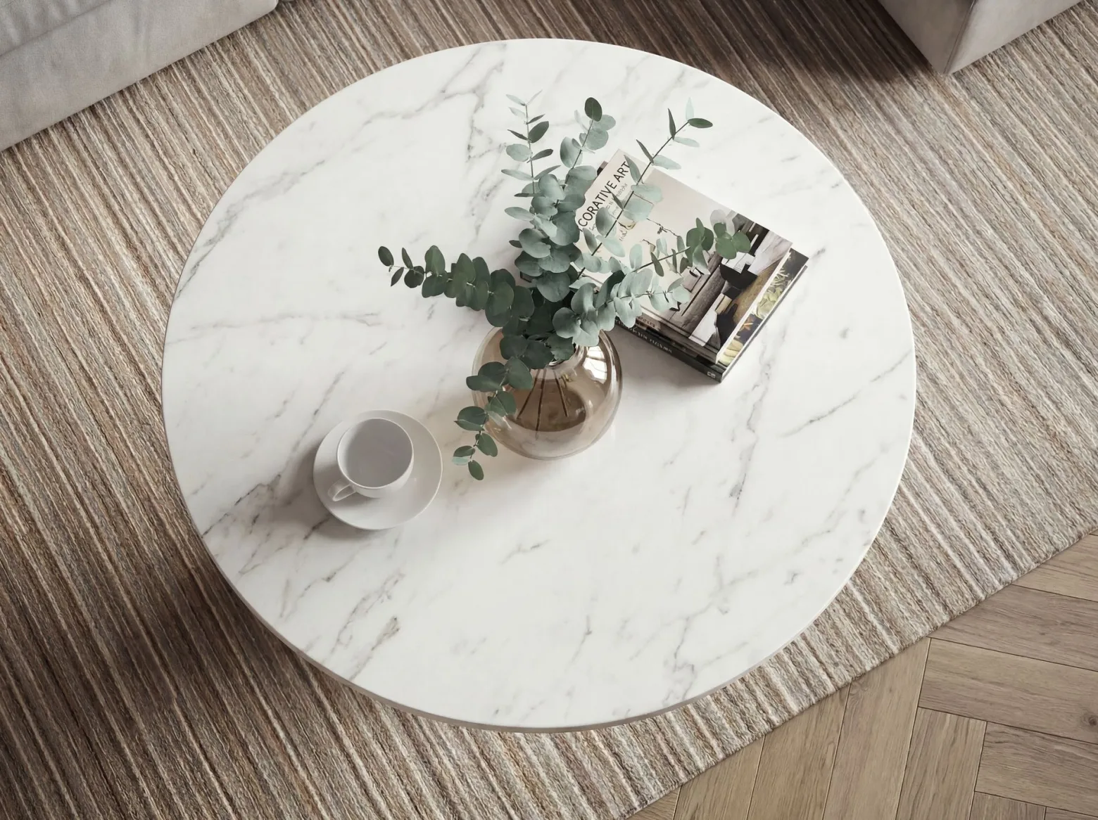Stolik kawowy 60cm z marmurowym blatem, do salonu, metal, okrągły Biały