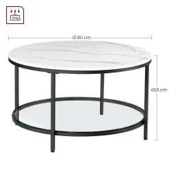 Stolik kawowy imitacja marmuru 2 poziomy szklana półka 80 cm