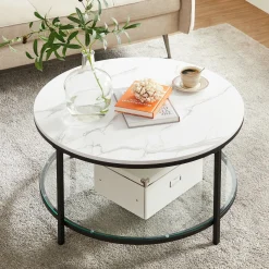 Stolik kawowy imitacja marmuru 2 poziomy szklana półka 80 cm