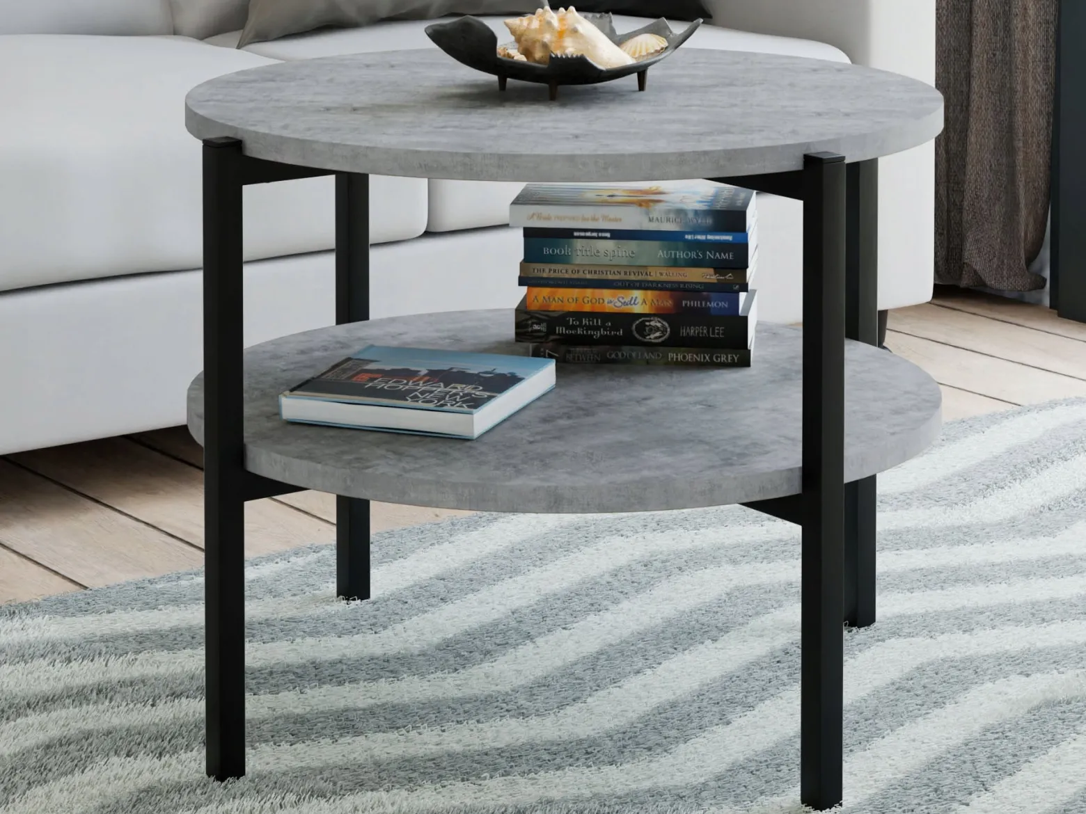 Stolik kawowy okrągły loft z półką 55x55x46 cm metalowy czarny