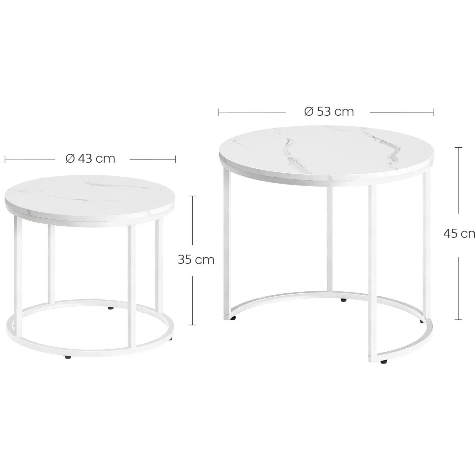 Stolik kawowy okrągły 2 szt marmur białe nogi 53/43 cm zestaw salon
