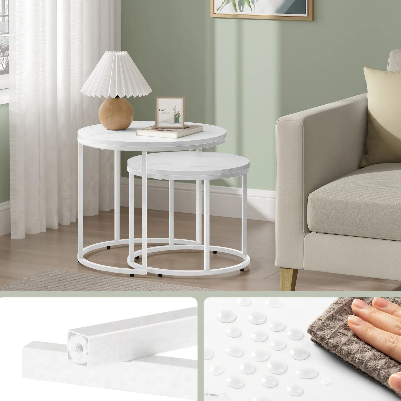 Stolik kawowy okrągły 2 szt marmur białe nogi 53/43 cm zestaw salon