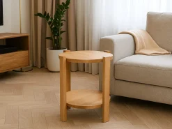 Stolik kawowy Porta okrągły 40 cm z litego drewna z półką, kolor dębowy