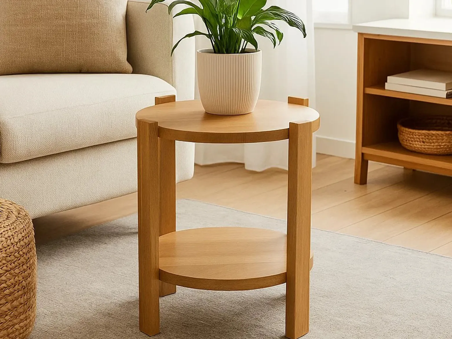 Stolik kawowy Porta okrągły 40 cm z litego drewna z półką, kolor dębowy