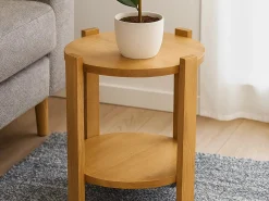 Stolik kawowy Porta okrągły 40 cm z litego drewna z półką, kolor dębowy