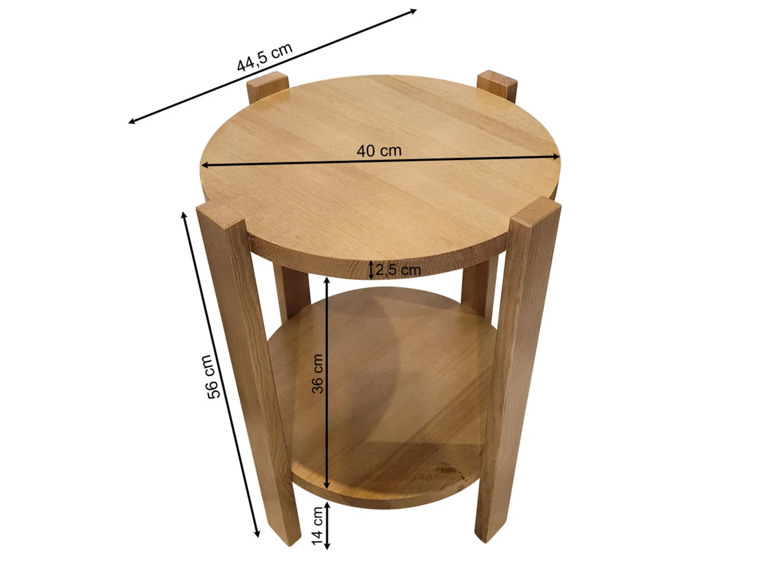 Stolik kawowy Porta okrągły 40 cm z litego drewna z półką, kolor dębowy