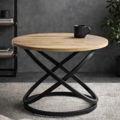 Stolik kawowy Selvia LOFT okrągły 60 cm, blat MDF w kolorze drewna, metal