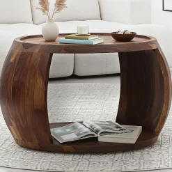 Stolik Kawowy Sheesham Drewno Lite okrągły 60 cm Stolik Salon Półka Wiejski