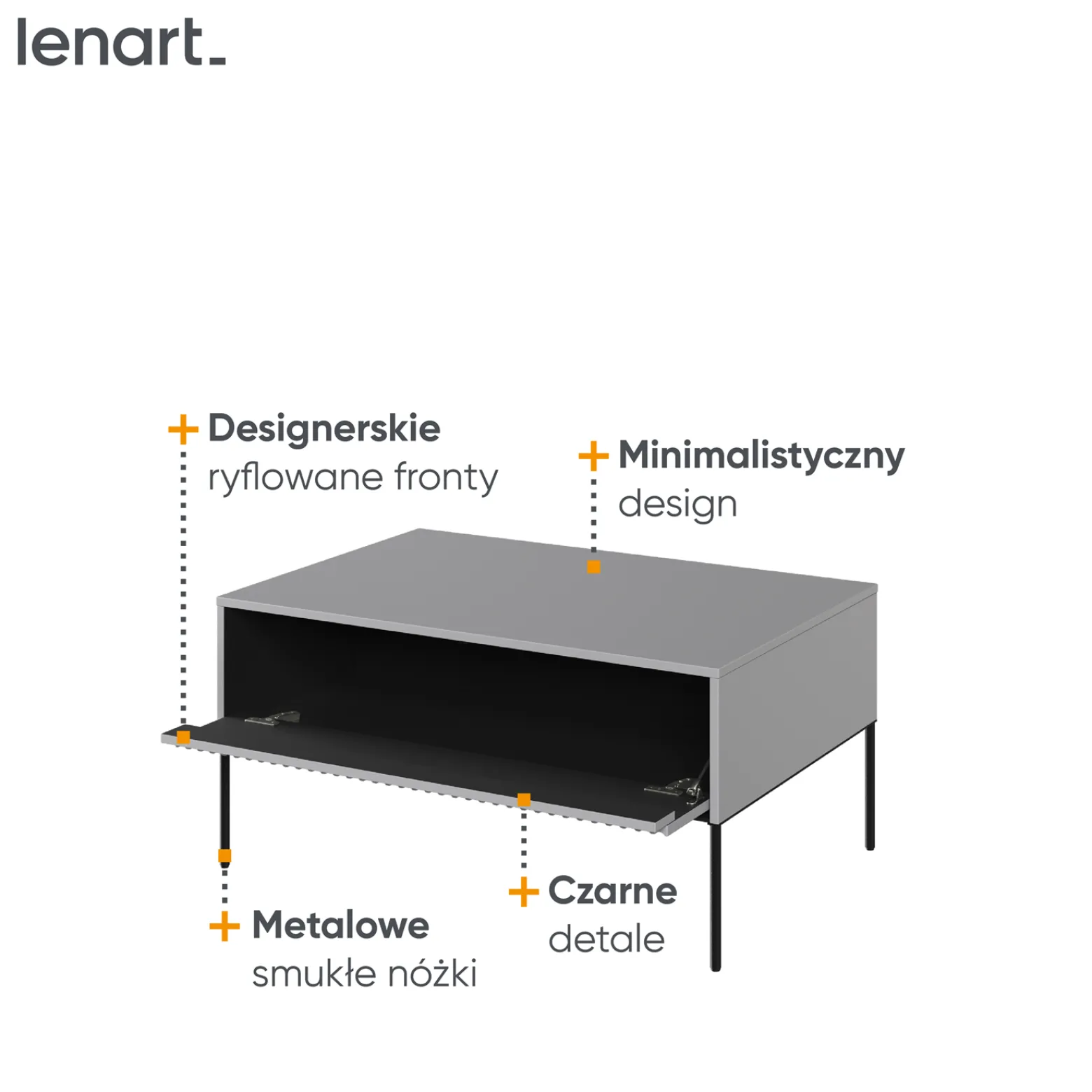 Stolik kawowy TREND z uchylną szafką na wysokich metalowych nogach szary