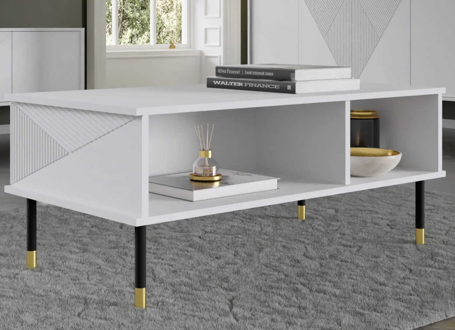 Stolik kawowy WOODY 110x55 cm frezowany biały mat