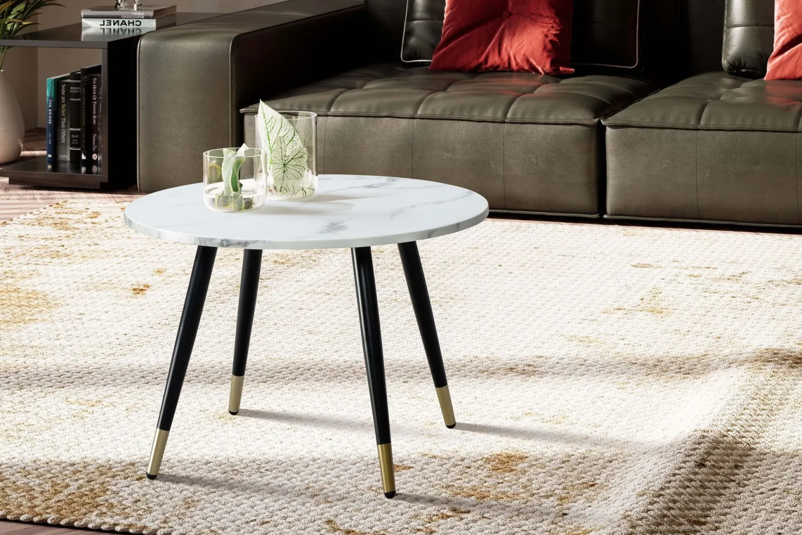 Stolik Kawowy 60x60 Marmur Okrągły Metalowy Stolik Salon Sofa