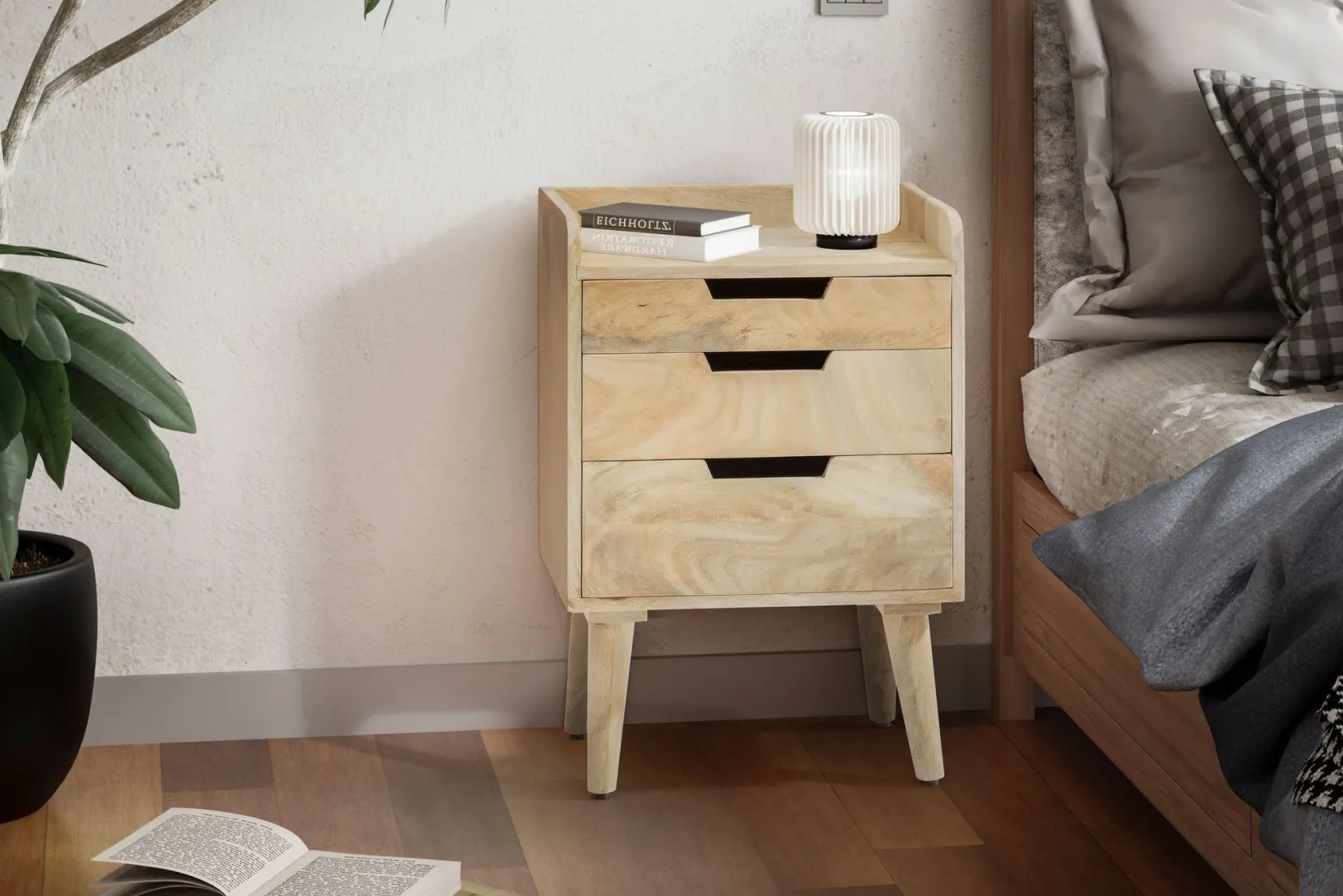 Stolik Nocny Mango Drewno Lite 63 cm Szafka Nocna z 3 Szufladami