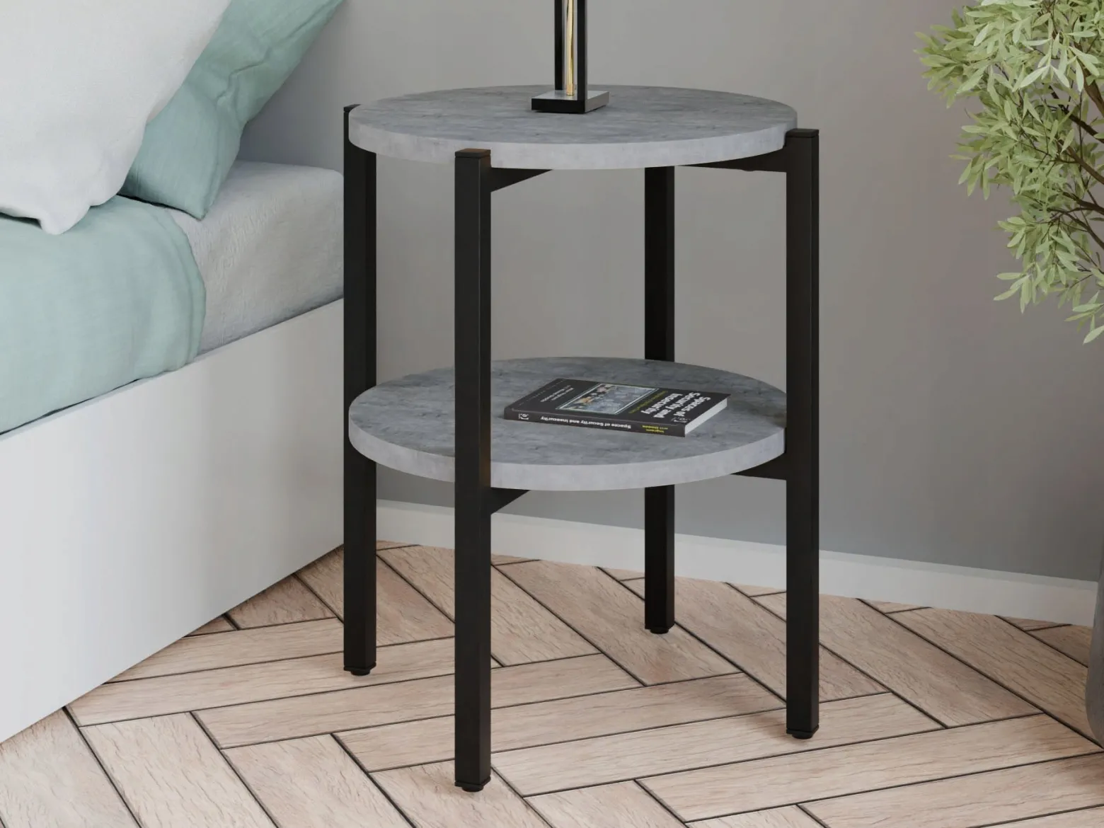 Stolik nocny okrągły loft z półką 35x35x46 cm metalowy czarny