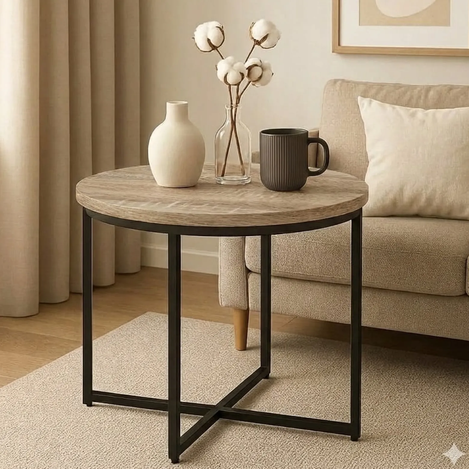 Stolik okolicznościowy okrągły 55 cm metal Dąb Craft