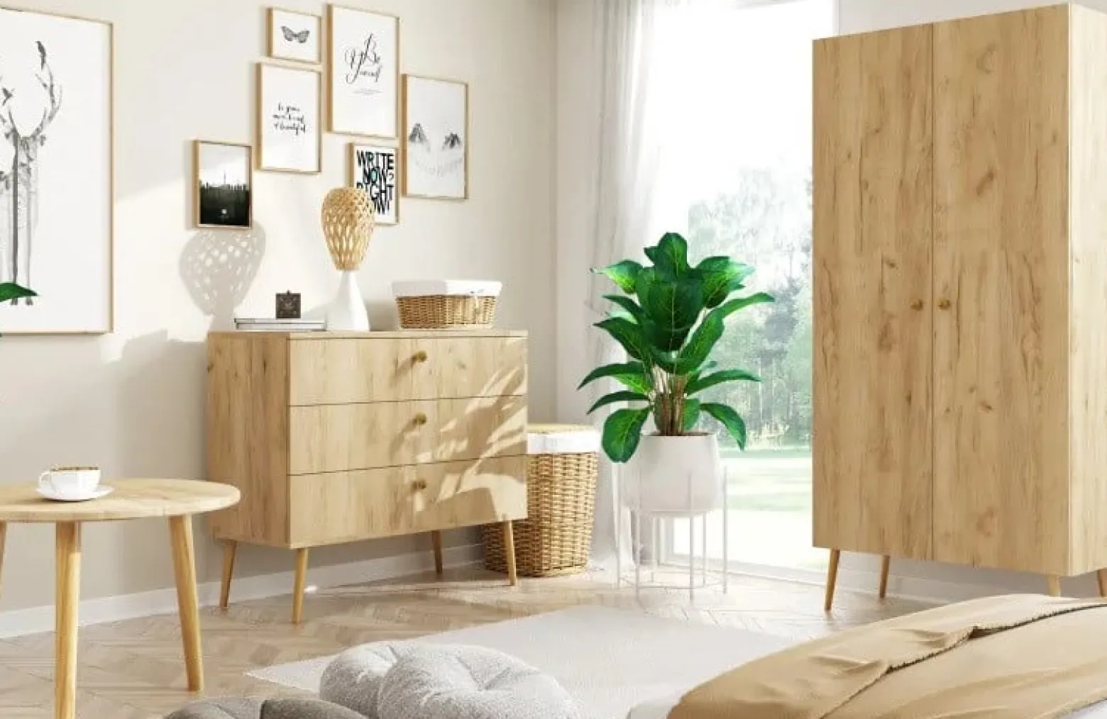 Stolik okrągły kawowy Boho - Dąb craft złoty