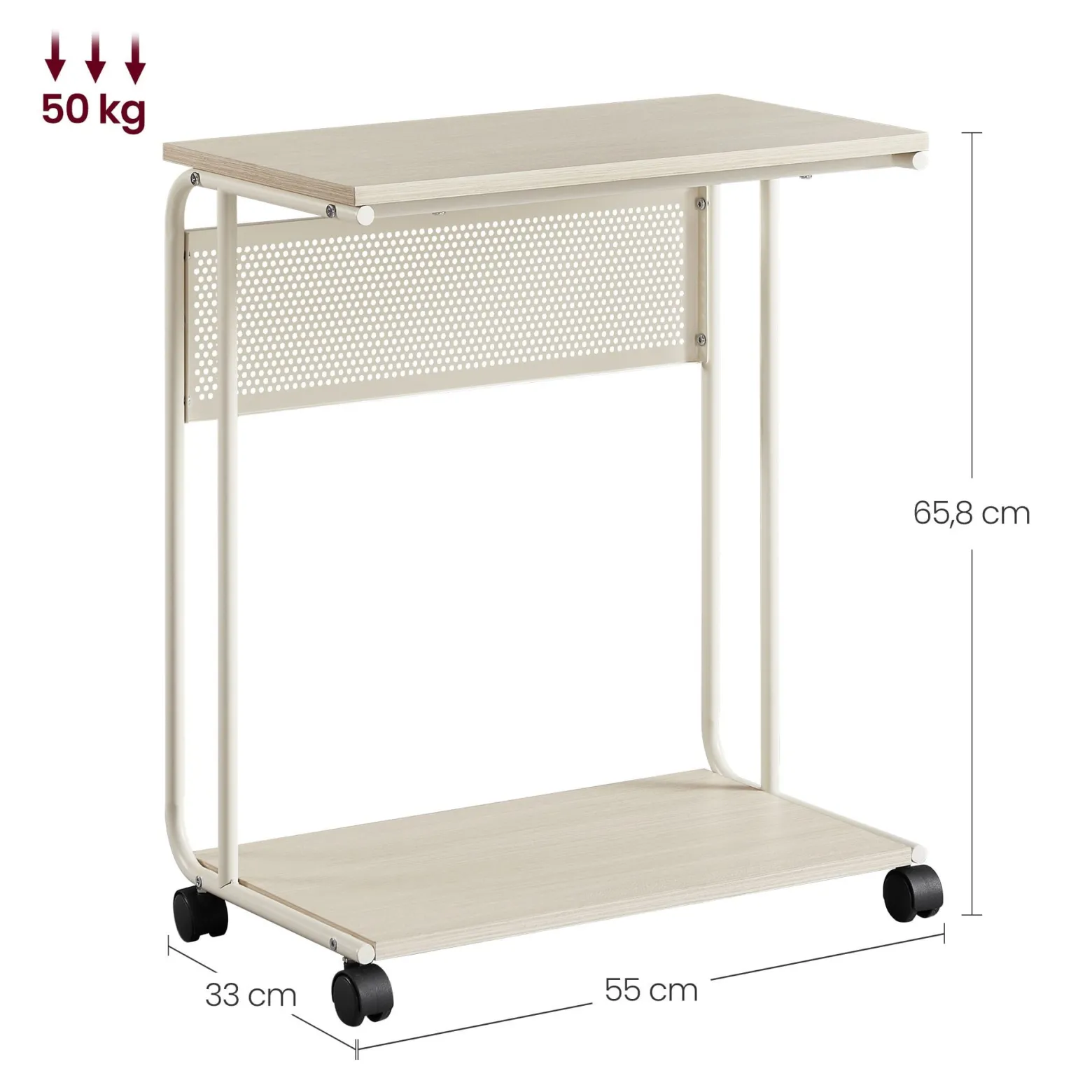 Stolik pomocniczy boczny C na kółkach kremowy stal 55x33x65,8 cm 2 półki