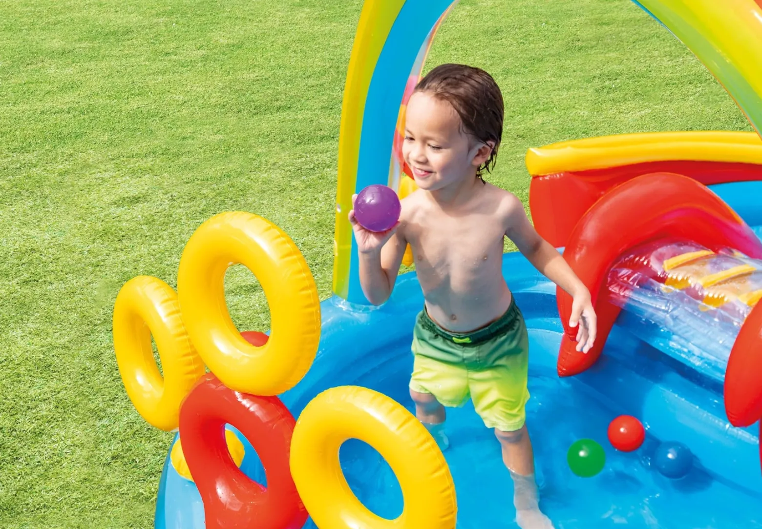 Super kolorowy tęczowy plac zabaw z basenem i zjeżdżalnią INTEX 57453