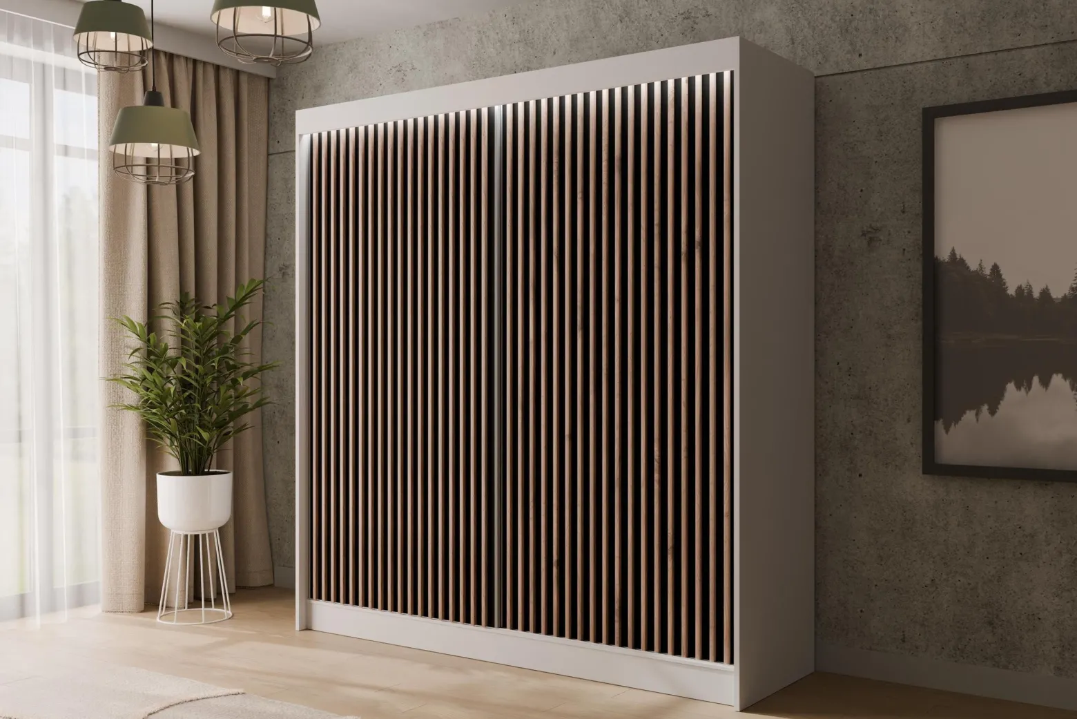 Szafa LED z drzwiami przesuwnymi i lamelami VILANv2 200 x 215 cm