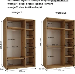 Szafa przesuwna 60 wysoka Davos 10 150 biały+czarny+czarny