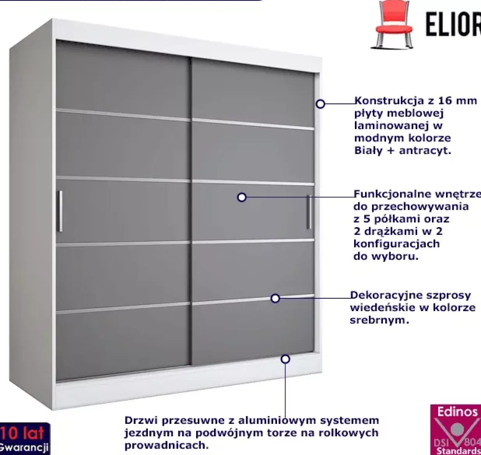 Szafa przesuwna biały + antracyt 180 cm - Zyero