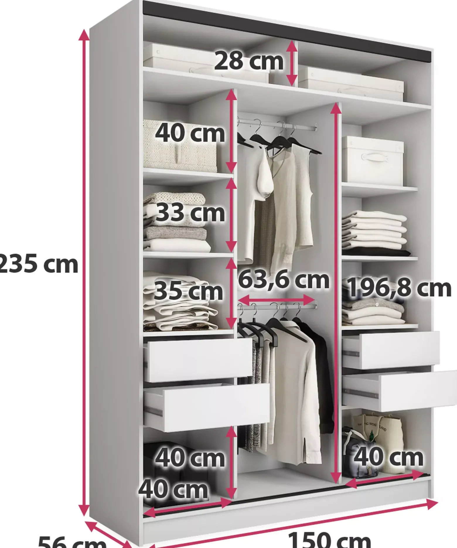 Szafa przesuwna z lustrem 150 cm LOFT MAX z szufladami drążki
