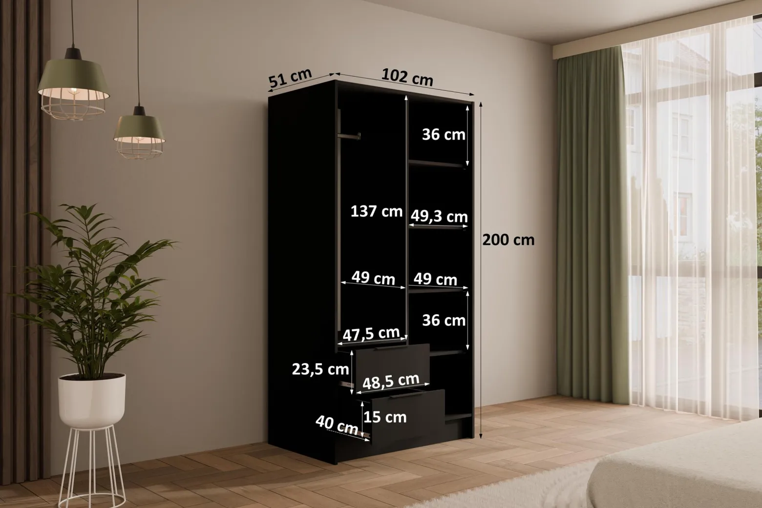 Szafa z drzwiami skrzydłowymi i lustrem KOLIN 100 x 200 cm