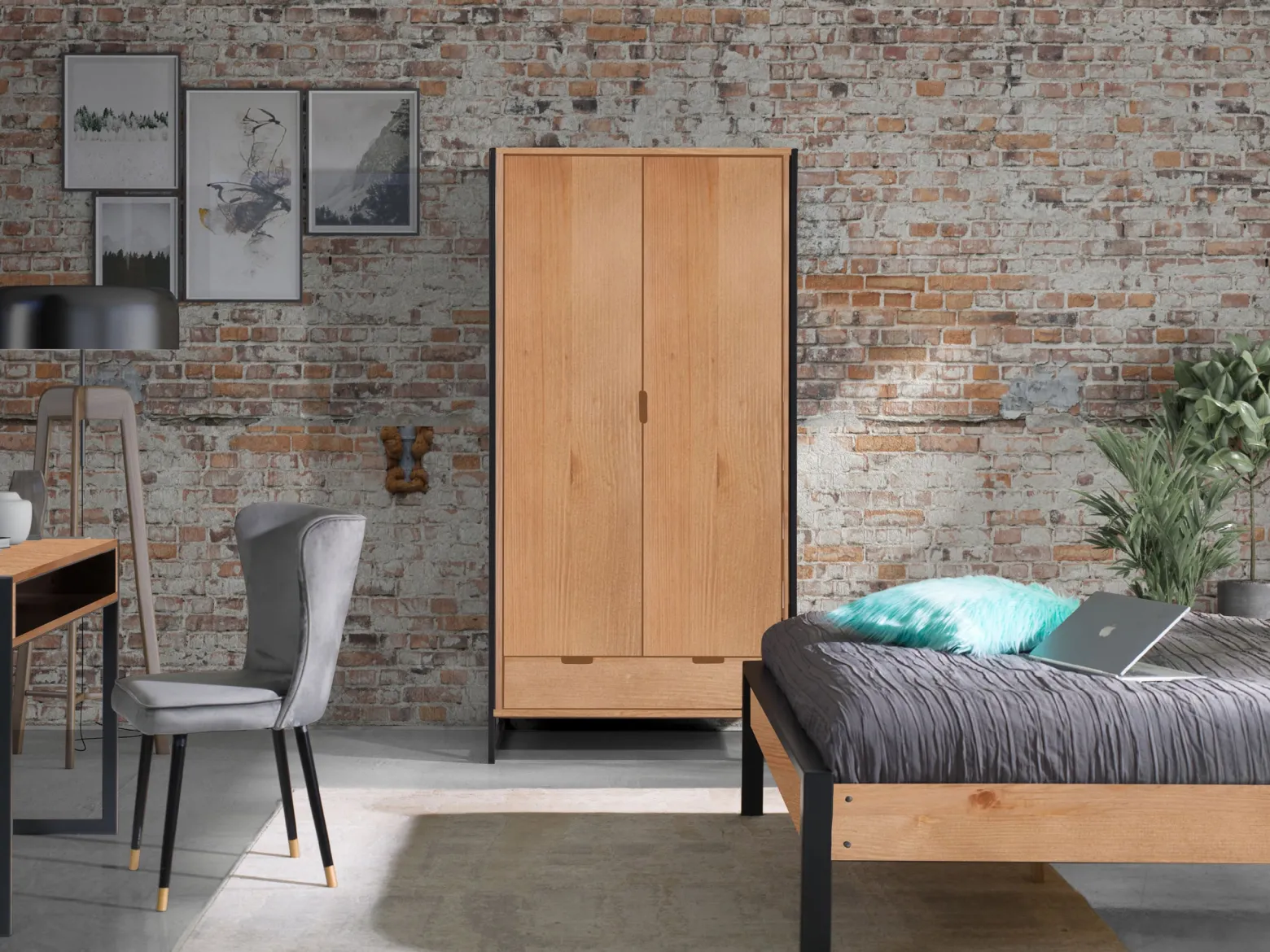 Szafa drewniana LOFT WOOD z drążkiem, kolor dębowy