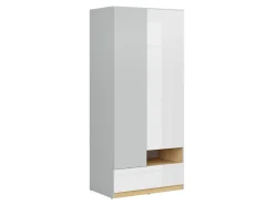 Szafa dwudrzwiowa Nandu 90 cm z szufladą jasny szary/dąb polski/biały połysk