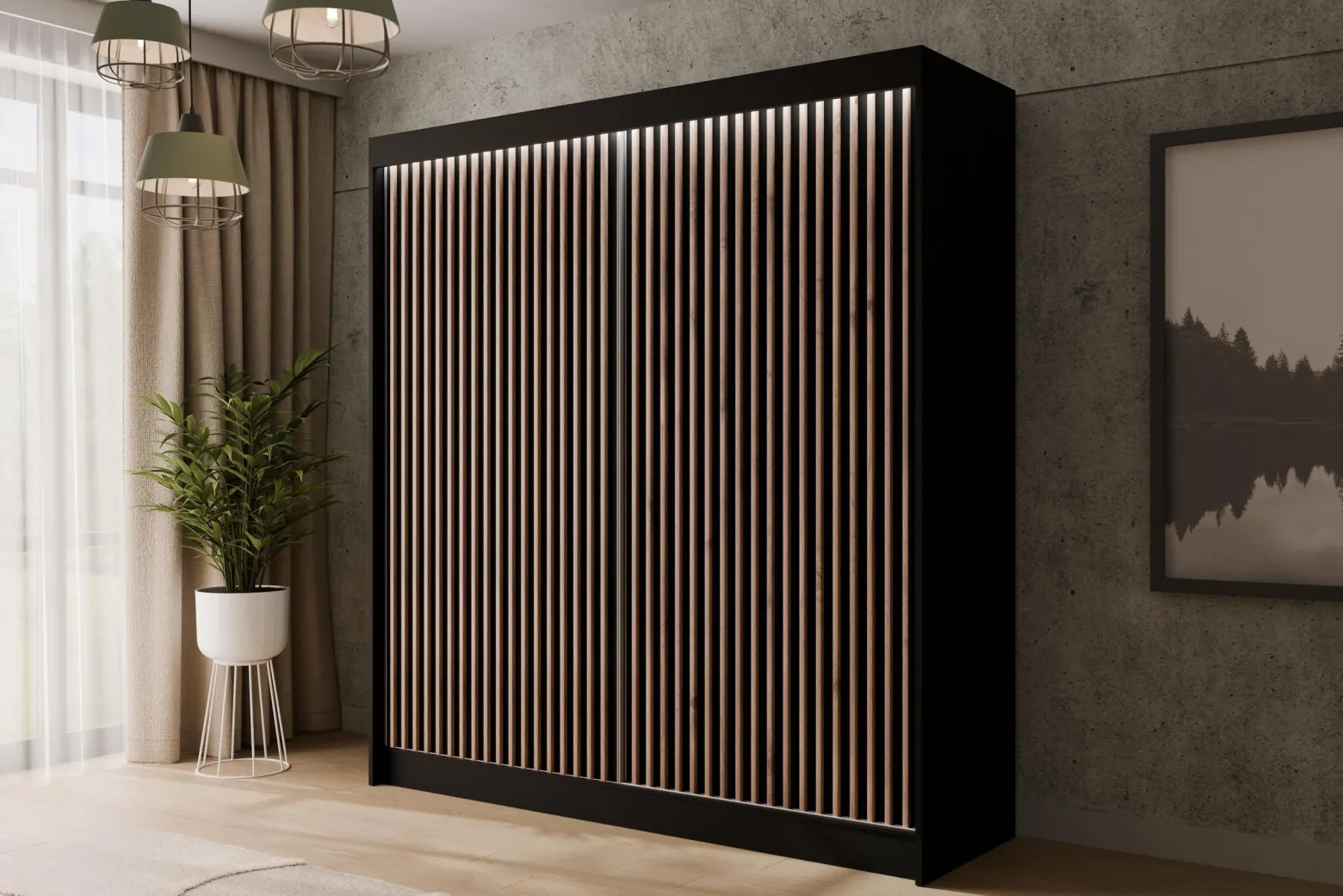 Szafa LED z drzwiami przesuwnymi i lamelami VILANv2 200 x 215 cm