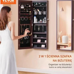 Szafa na biżuterię z lustrem LED 108cm montaż ścienny zamykana brązowa