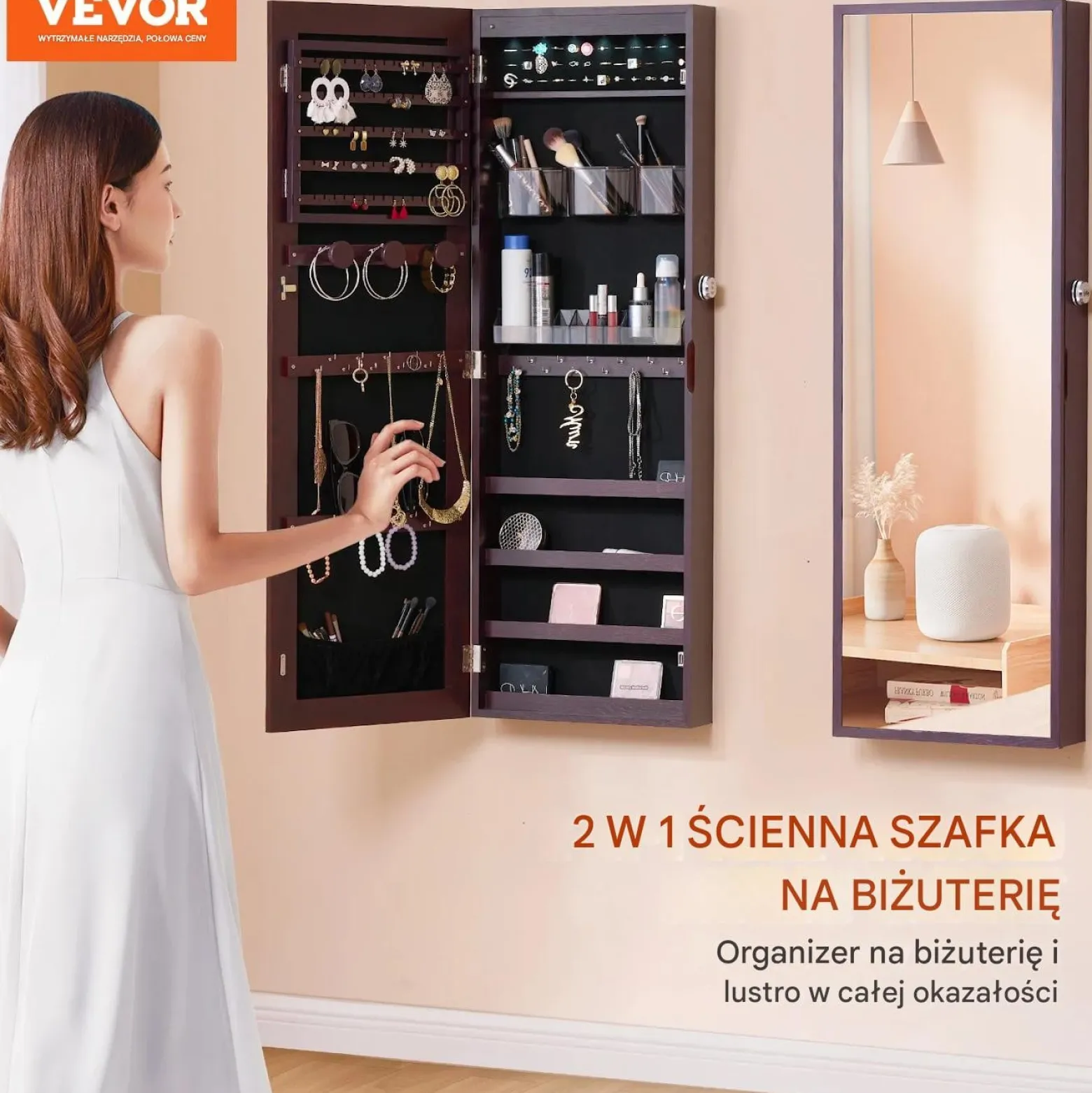 Szafa na biżuterię z lustrem LED 108cm montaż ścienny zamykana brązowa